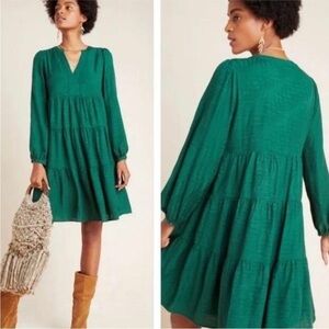 MAEVE ANTHROPOLOGIE Emerald Amber Tiered‎ Tunic Popover Mini Dress Size Medium M